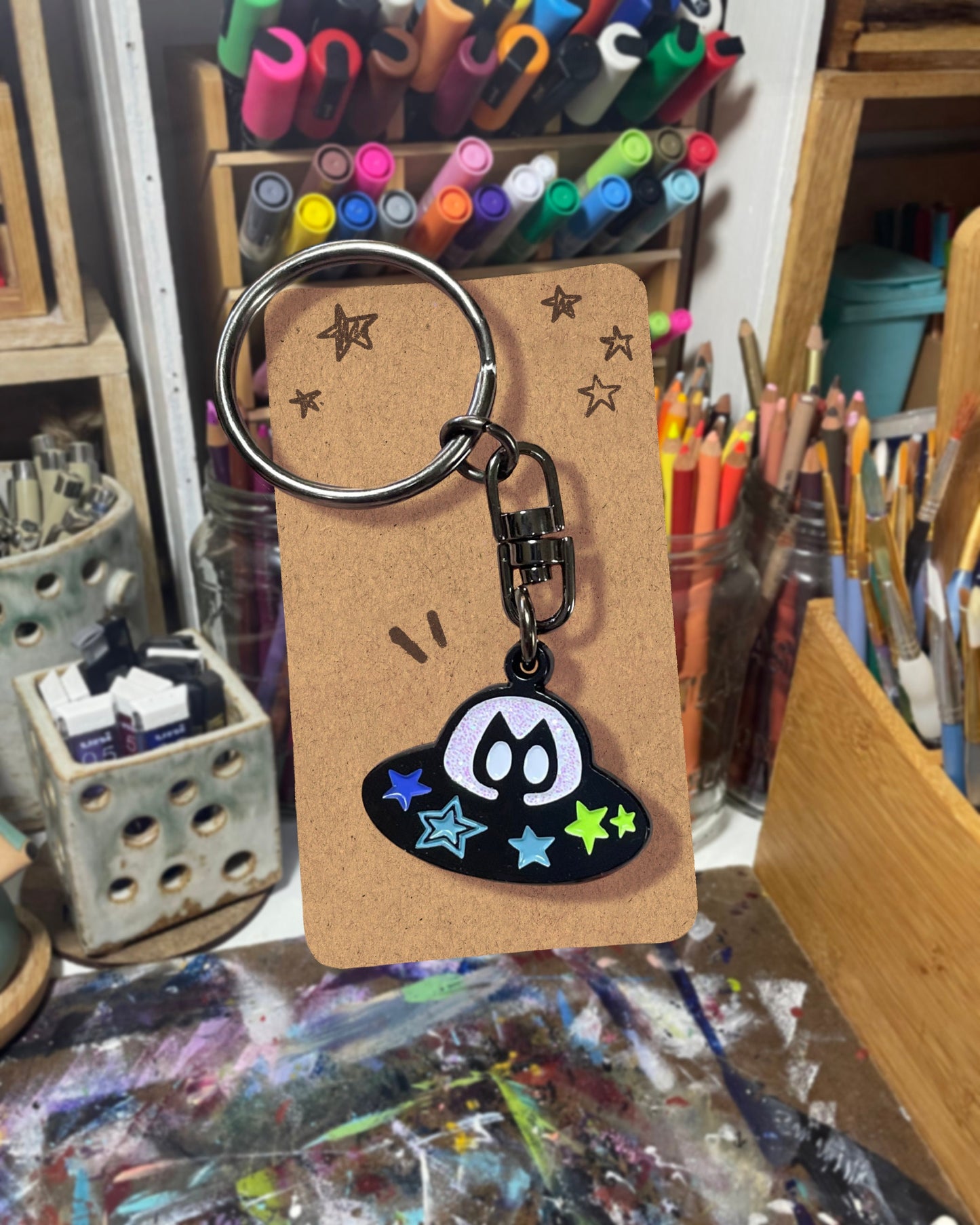 Flying Saucer Space Kitty Keychain